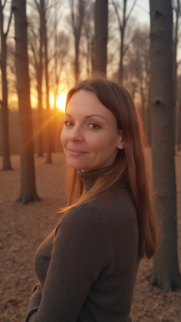 Melanie Gruber im Herbstwald bei Sonnenuntergang
